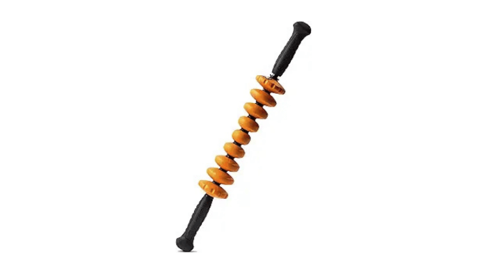 A handheld muscle roller stick with multiple independent orange massage nodes and black ergonomic grips. This tool is featured in the Align Athlete system for targeted myofascial release and relieving muscle knots in the lower back and legs.