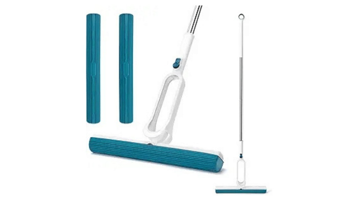 A telescopic sponge mop and squeegee set with interchangeable blue cleaning heads. This tool is utilized within the Lower Back Reset Method as a precise alignment marker to help users visualize and correct their physical posture.